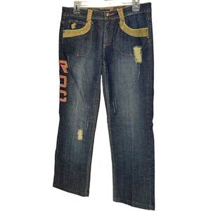 Y2K‎ Roca Wear Women's 9 Jeans Blue Denim Pink Tan Corduroy Spell Out Distressed